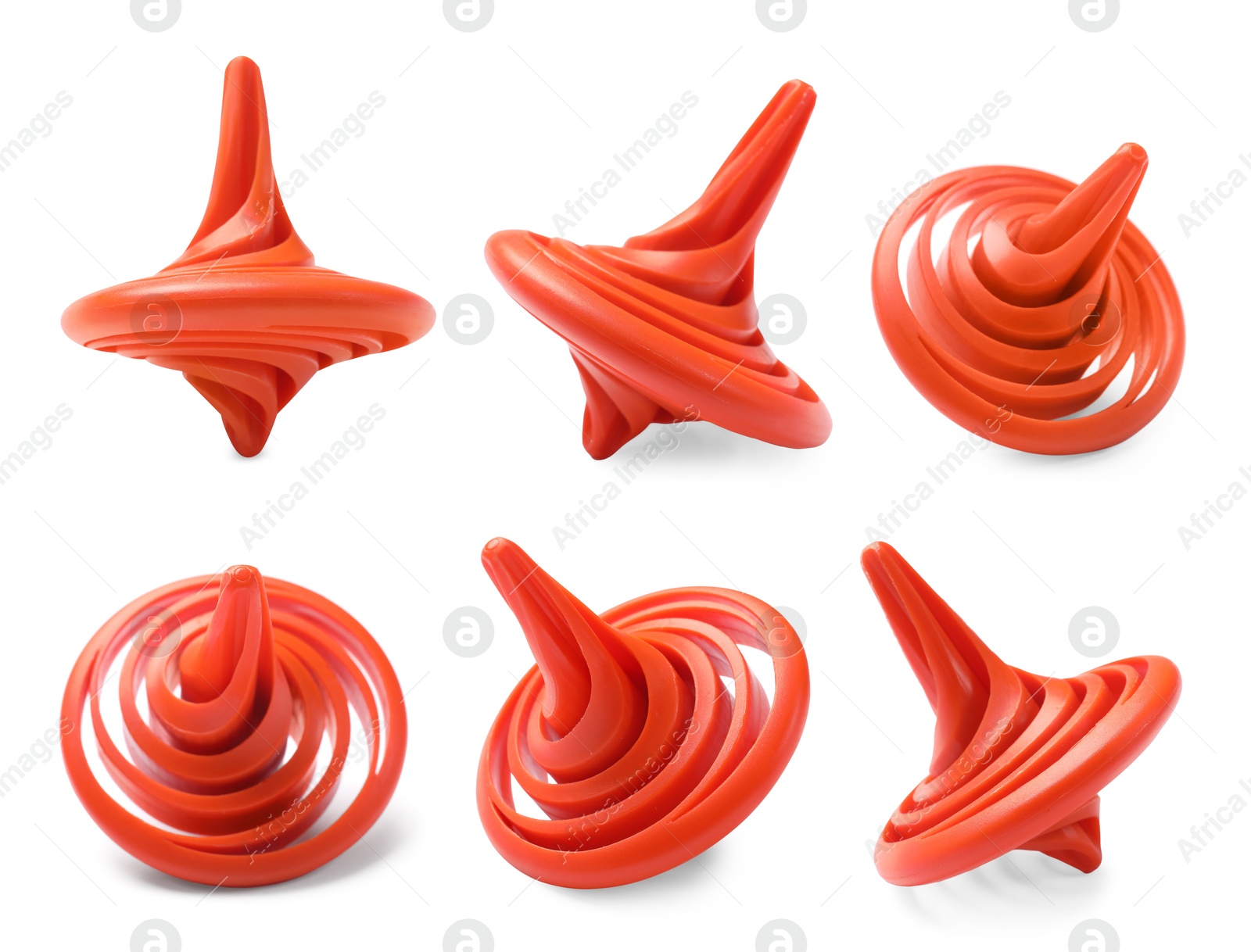 Image of Orange spinning top isolated on white, collage