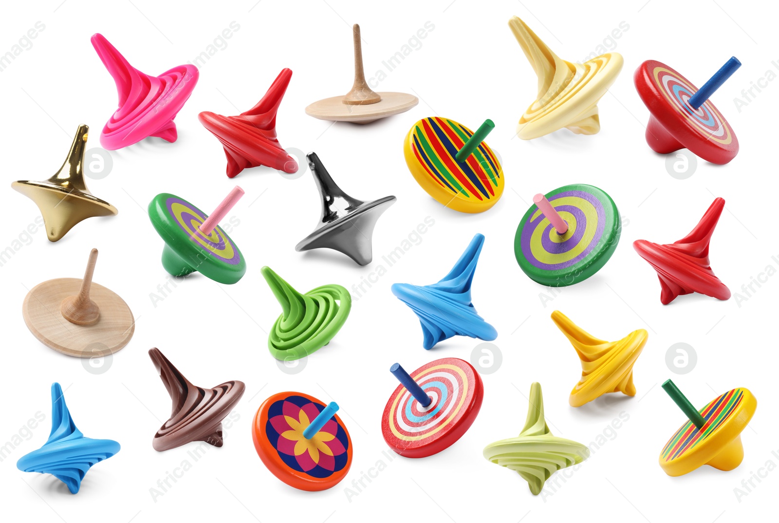 Image of Many different spinning tops isolated on white, set