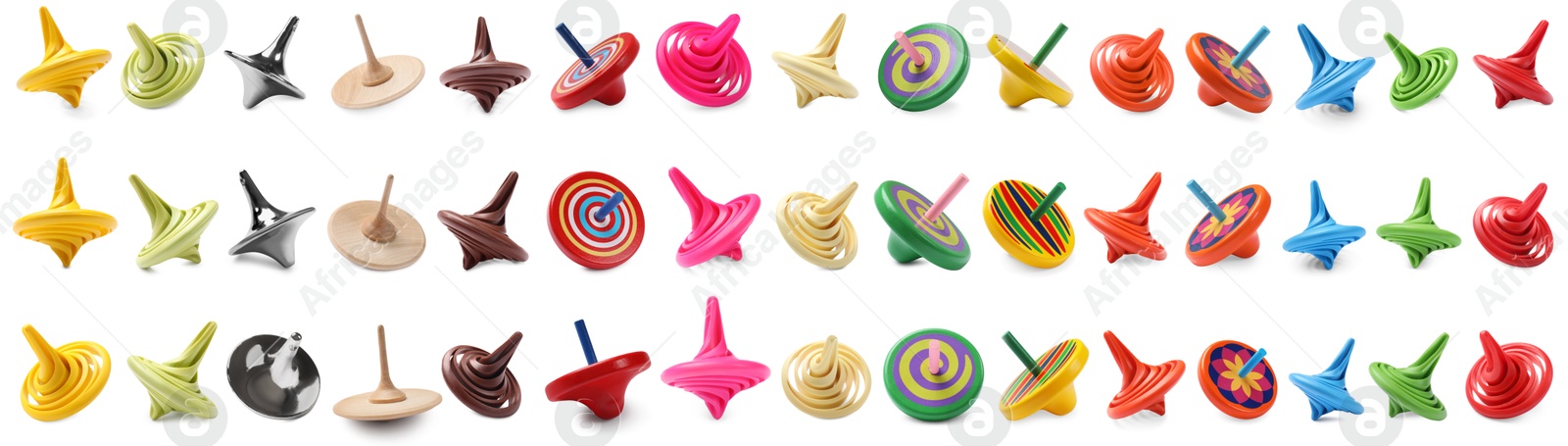 Image of Many different spinning tops isolated on white, set