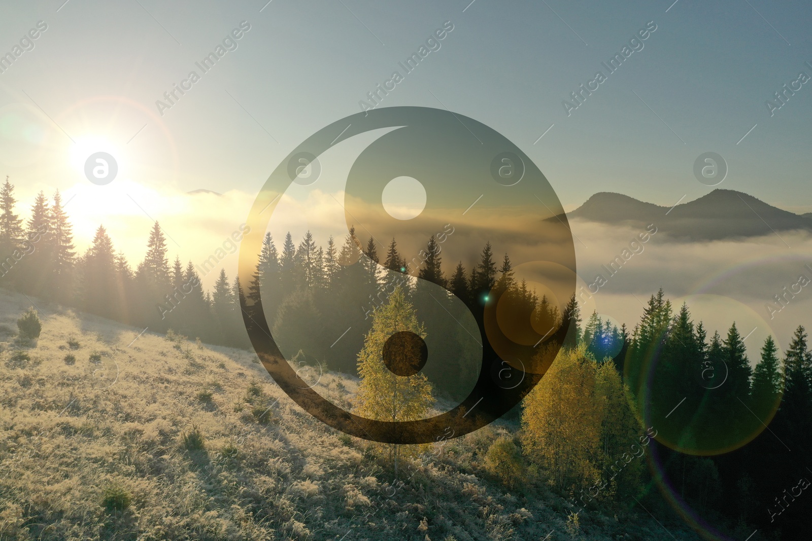 Image of Yin and yang symbol against picturesque mountain landscape