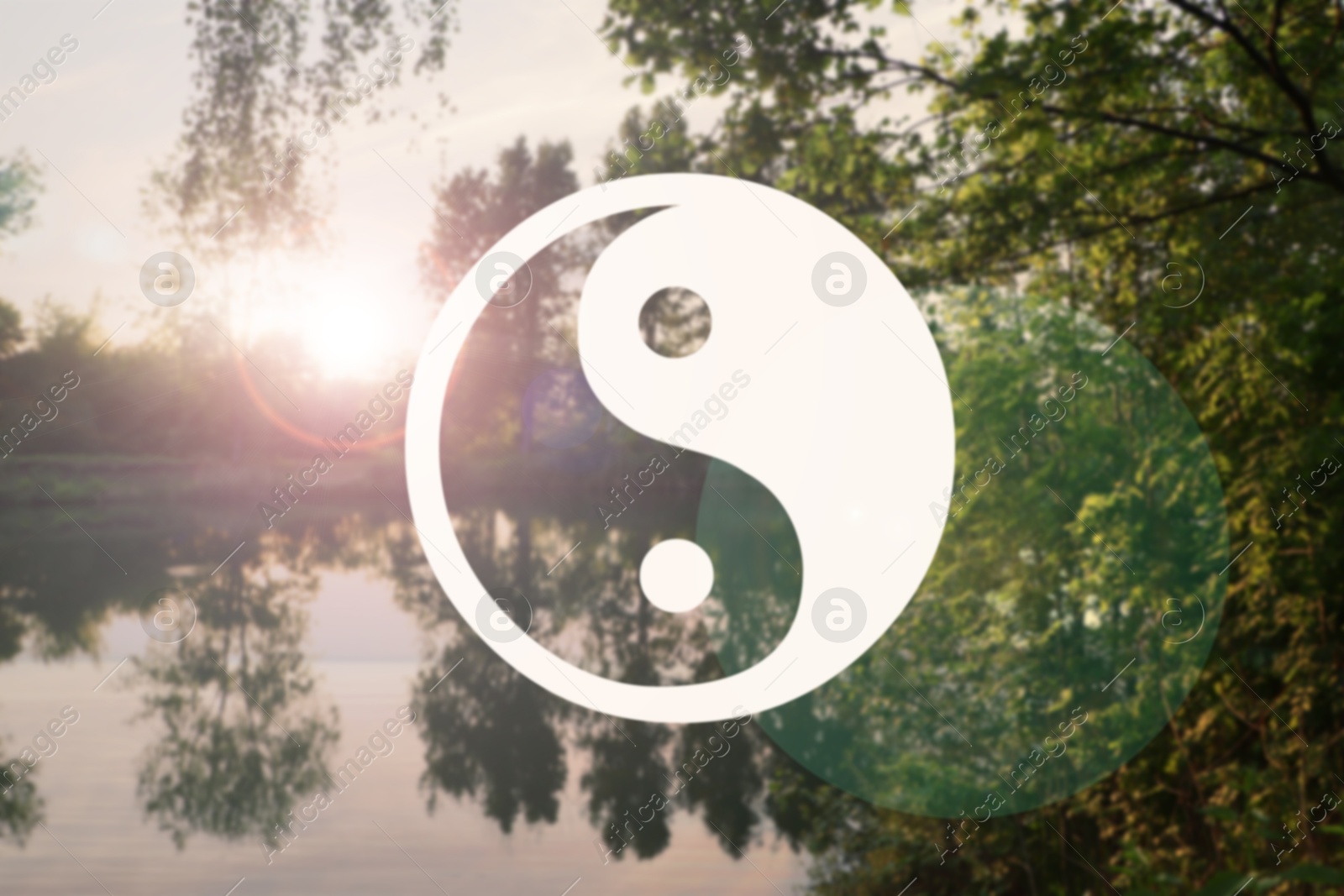 Image of Yin and yang symbol against picturesque nature landscape