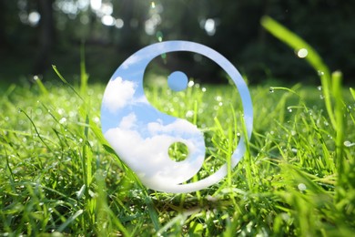 Image of Yin-yang symbol and green grass with dew