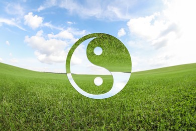 Yin-yang symbol and green meadow under beautiful sky