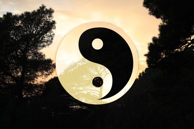 Image of Yin and yang symbol against picturesque nature landscape