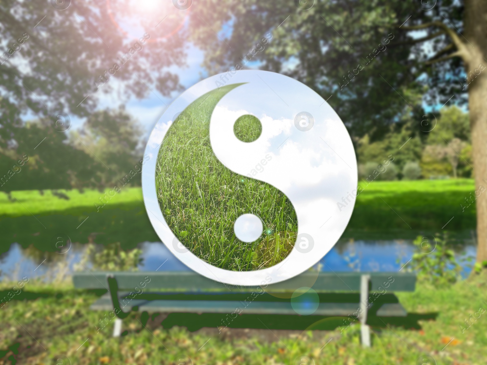 Image of Yin and yang symbol with green grass against picturesque nature landscape