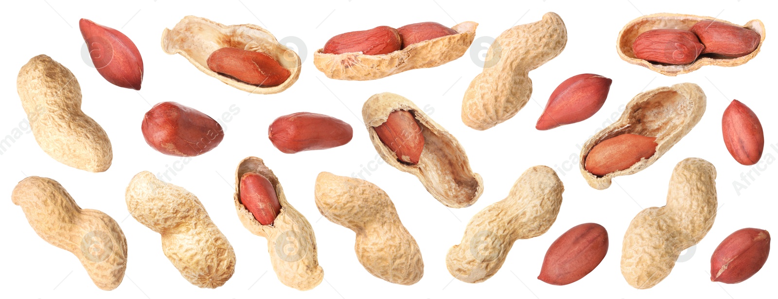 Image of Many different peanuts isolated on white, set