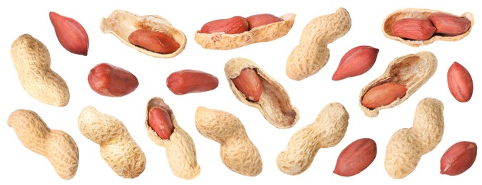 Image of Many different peanuts isolated on white, set