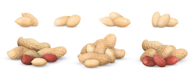 Image of Many different peanuts isolated on white, set