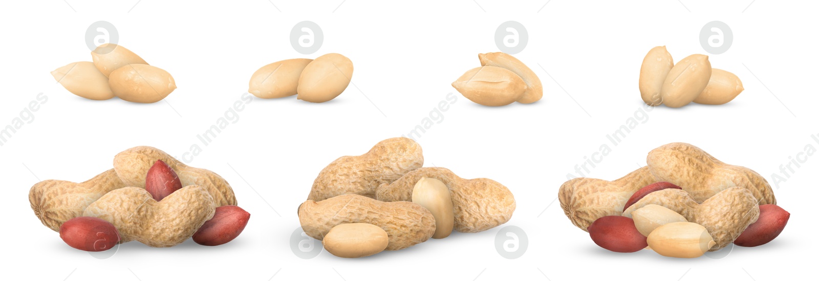 Image of Many different peanuts isolated on white, set