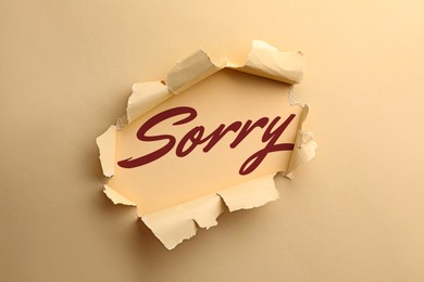 Image of Word Sorry, view through torn beige paper