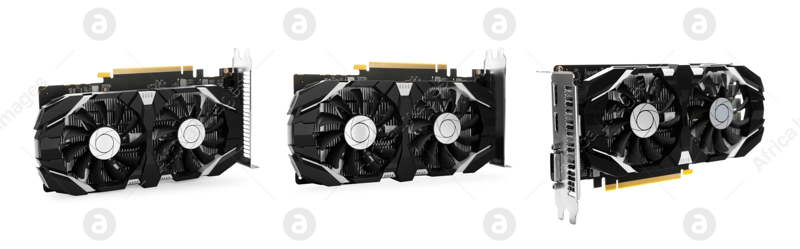 Image of Modern graphics card isolated on white, collage