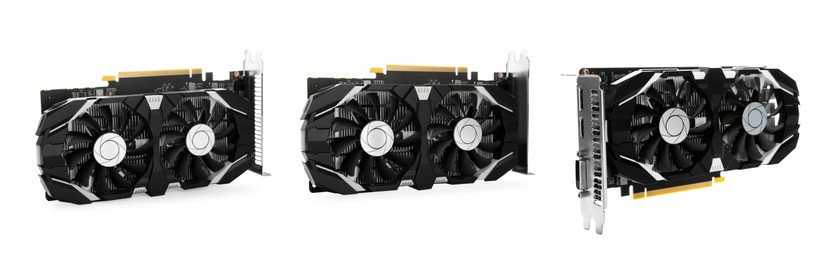 Modern graphics card isolated on white, collage