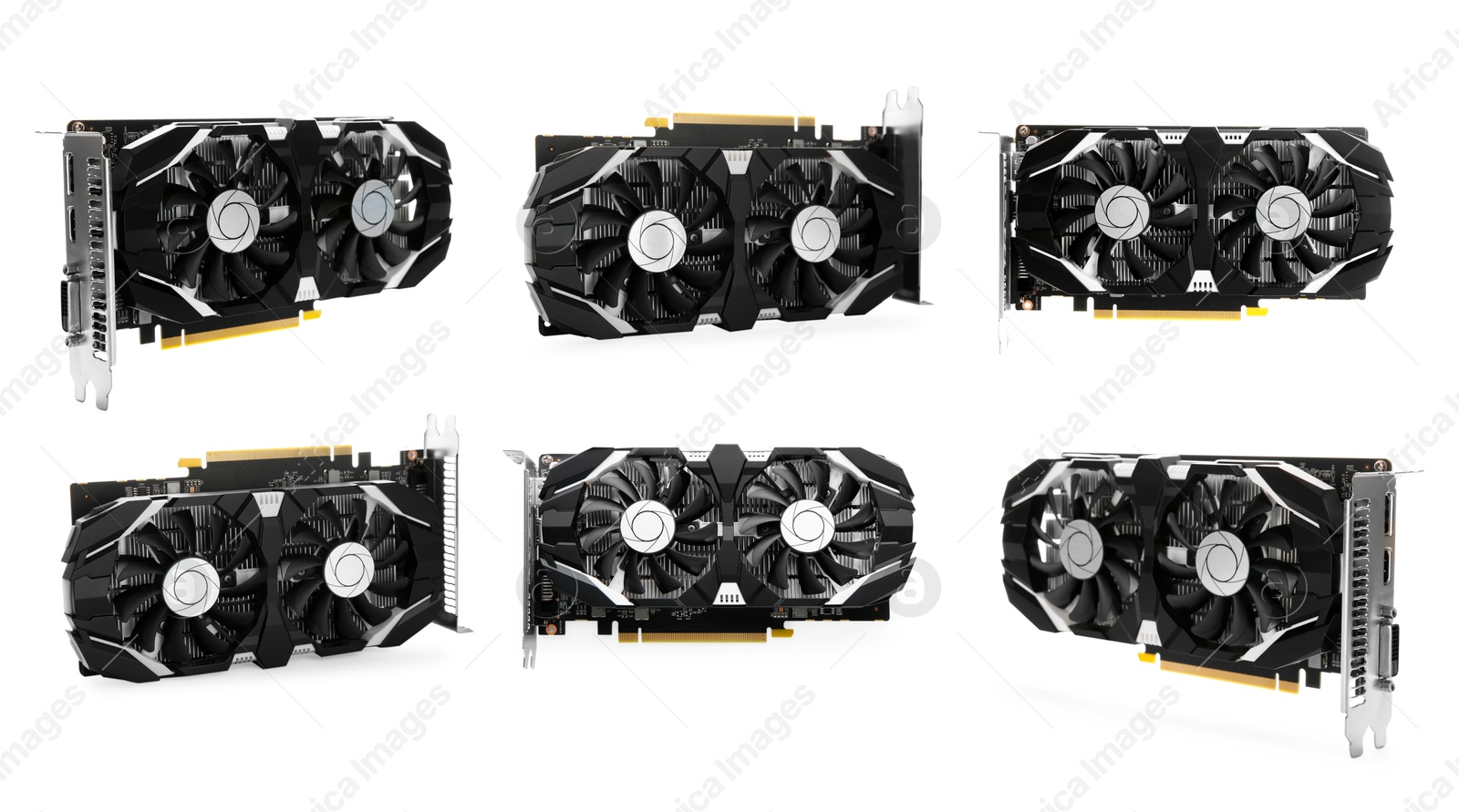 Image of Modern graphics card isolated on white, collage