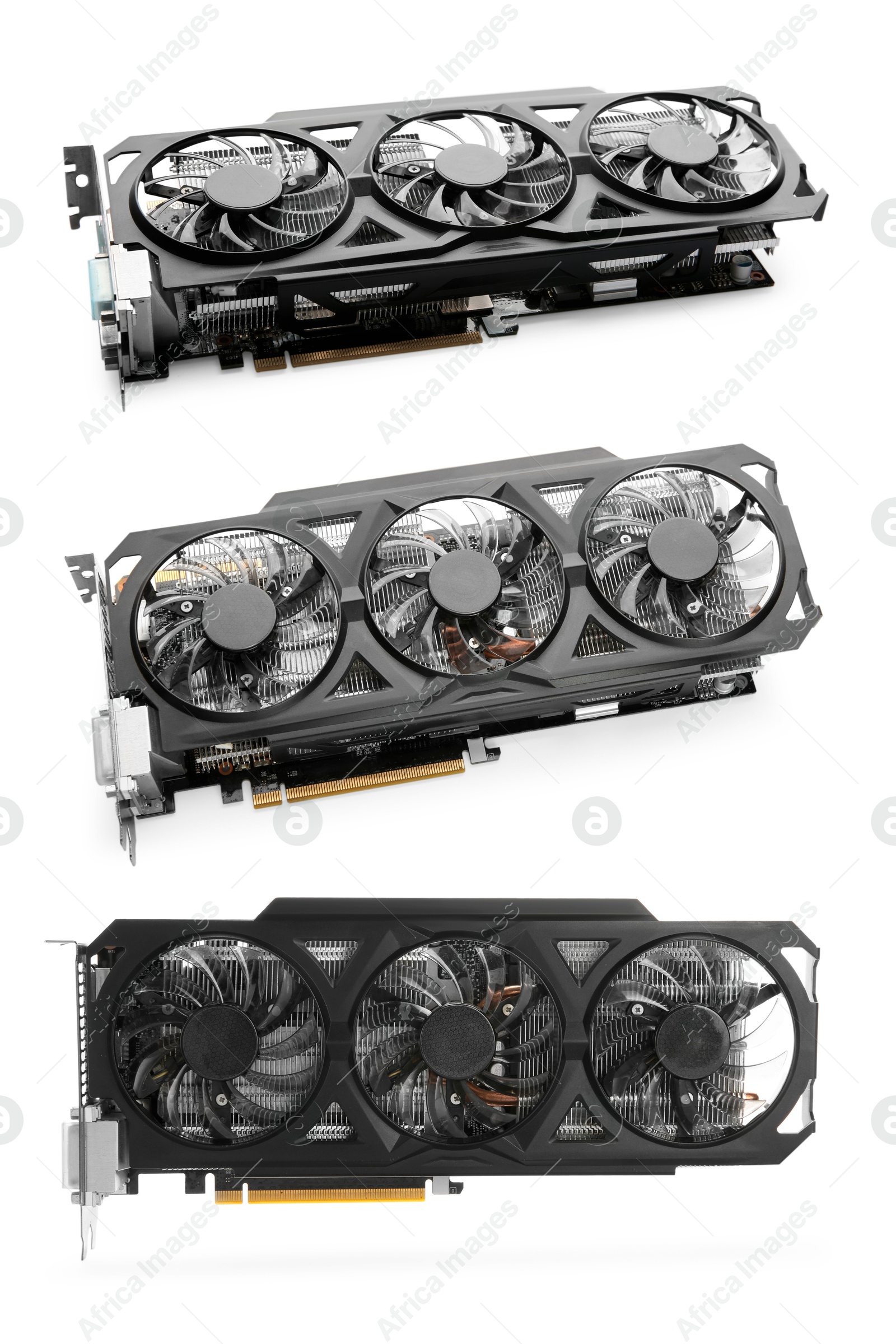 Image of Modern graphics card isolated on white, collage