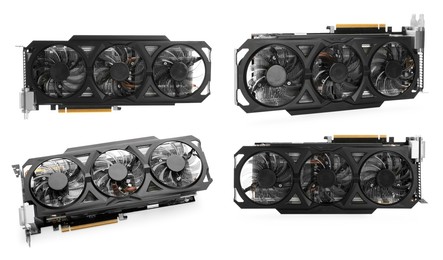 Image of Modern graphics card isolated on white, collage