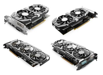 Modern graphics cards isolated on white, set