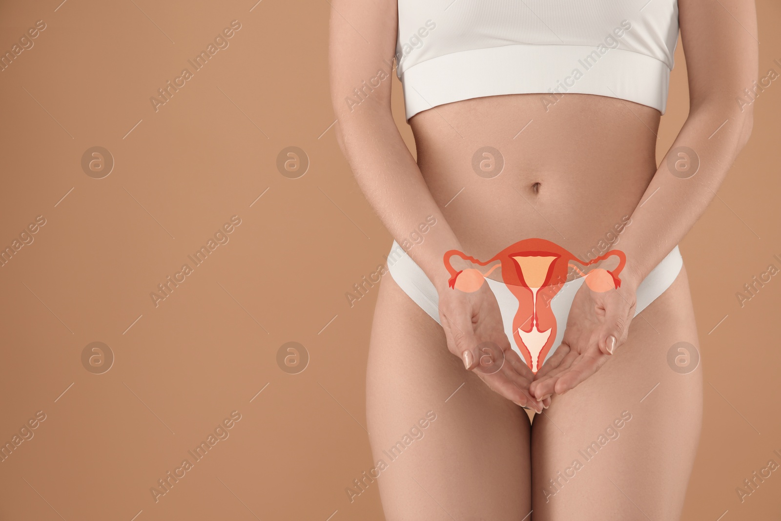 Image of Woman in underwear and illustration of female reproductive system on beige background, closeup. Gynecology