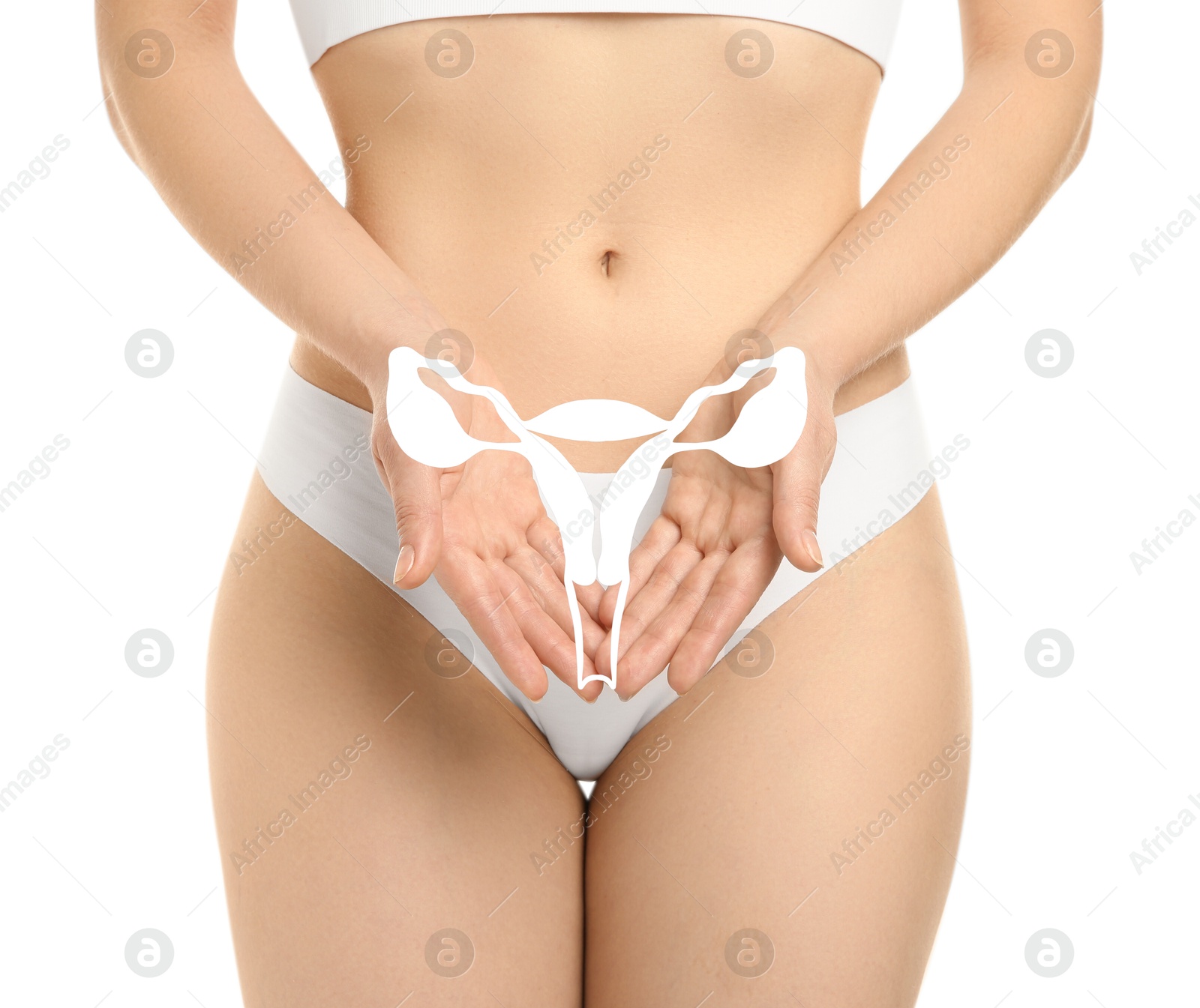 Image of Woman in underwear and illustration of female reproductive system on white background, closeup. Gynecology