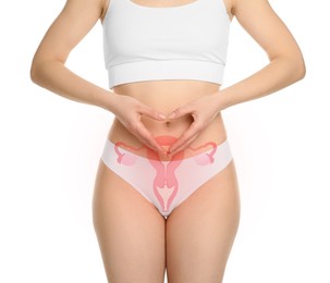 Image of Woman in underwear and illustration of female reproductive system on white background, closeup. Gynecology