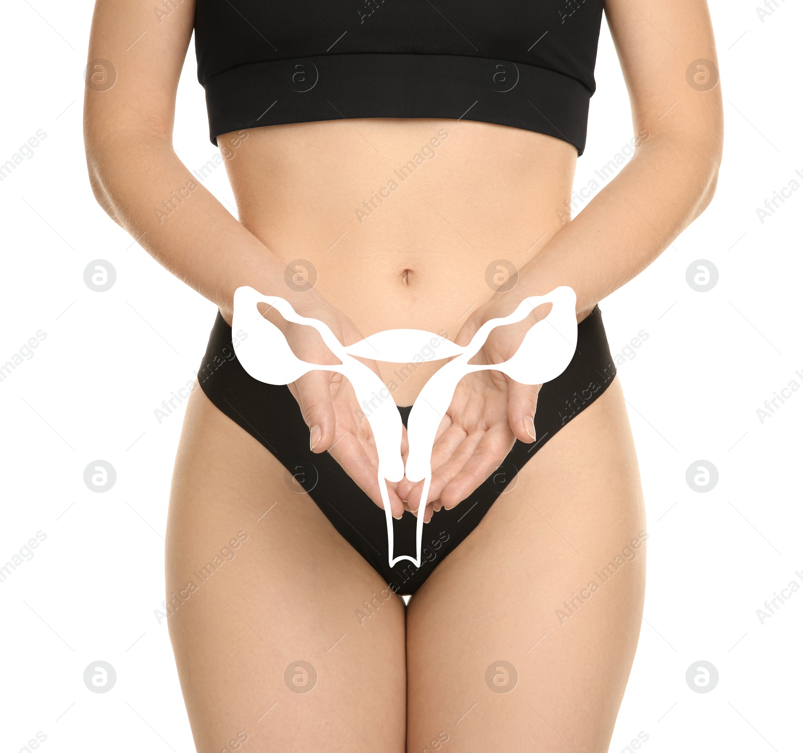 Image of Woman in underwear and illustration of female reproductive system on white background, closeup. Gynecology