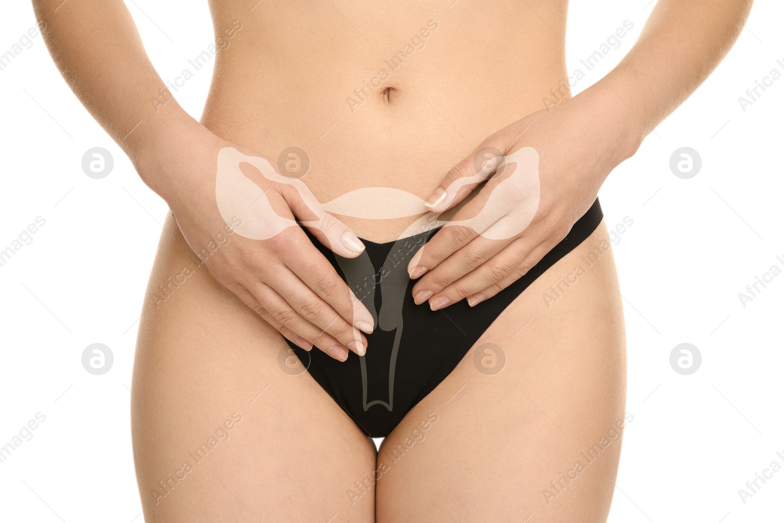 Image of Woman in underwear and illustration of female reproductive system on white background, closeup. Gynecology
