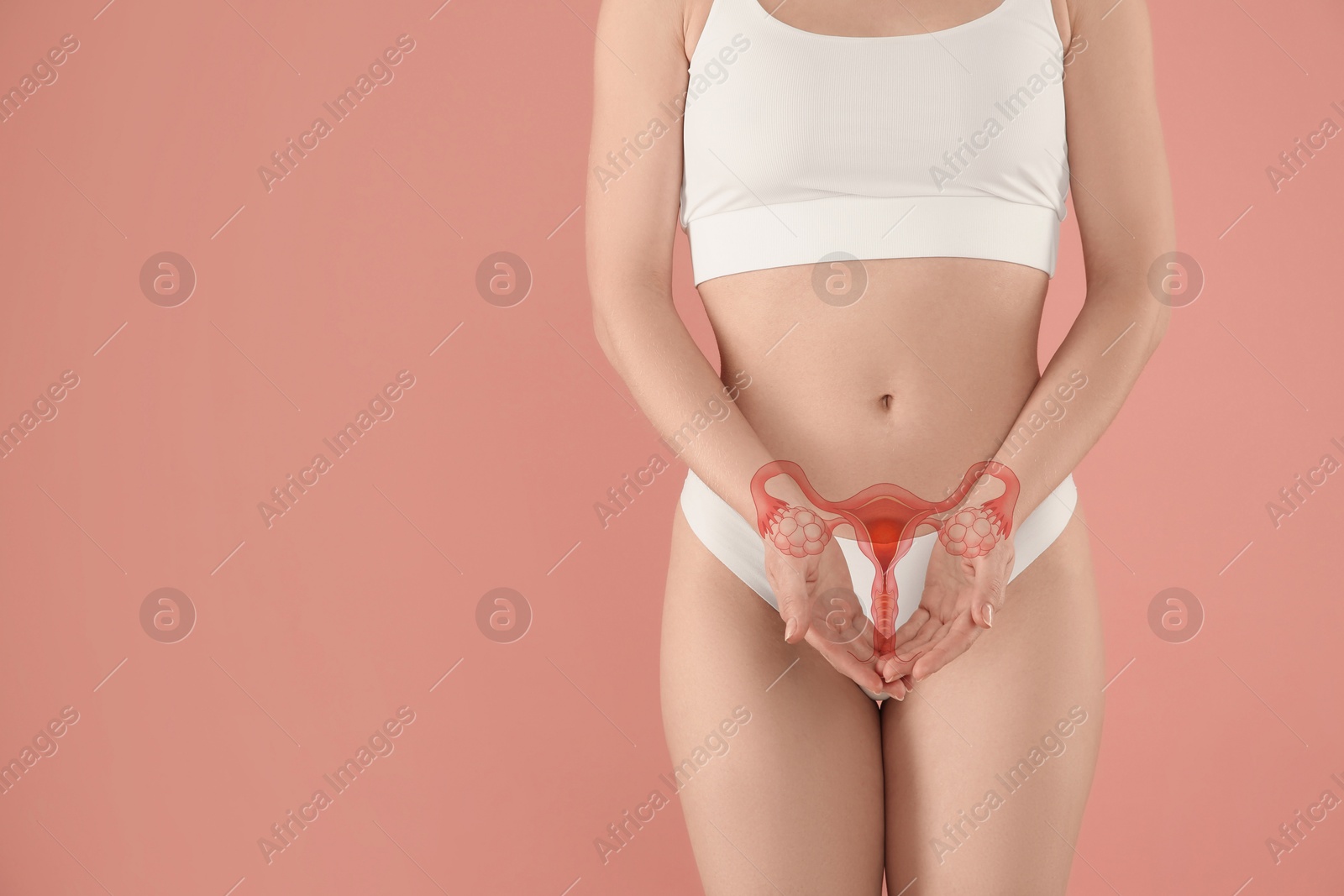 Image of Woman in underwear and illustration of female reproductive system on beige pink background, closeup. Gynecology
