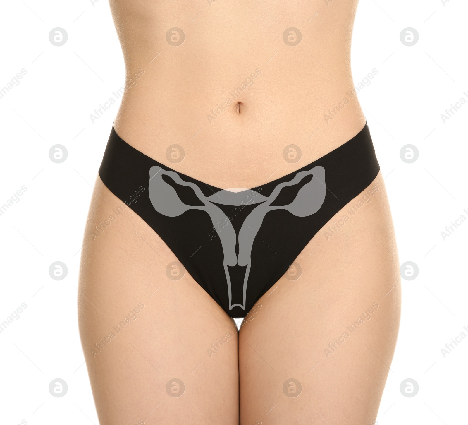 Image of Woman in underwear and illustration of female reproductive system on white background, closeup. Gynecology