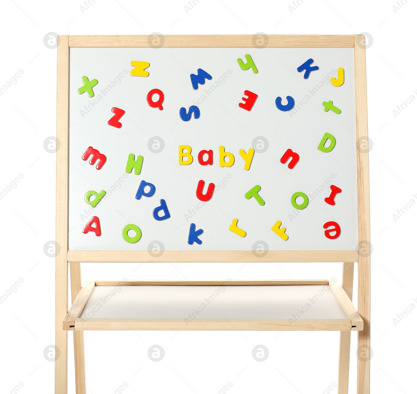 Photo of Word Baby made of magnetic letters on board against white background. Learning alphabet