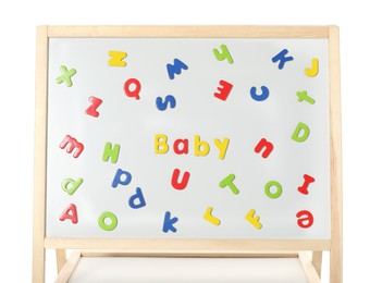 Photo of Word Baby made of magnetic letters on board against white background. Learning alphabet