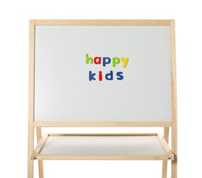 Photo of Phrase Happy Kids made of magnetic letters on board against white background. Learning alphabet