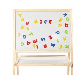 Word Nice made of magnetic letters on board against white background. Learning alphabet