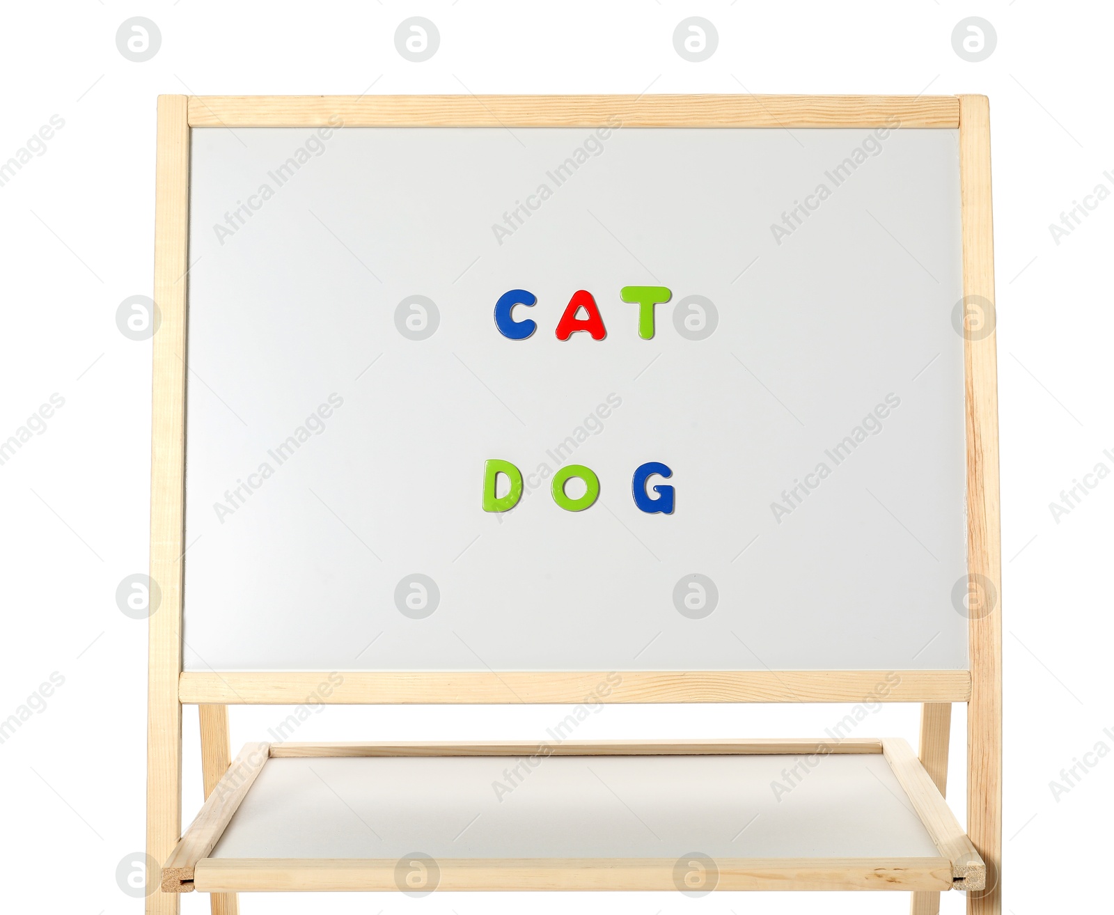 Photo of Words Cat and Dog made of magnetic letters on board against white background. Learning alphabet