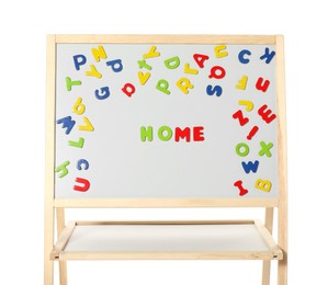 Photo of Word Home made of magnetic letters on board against white background. Learning alphabet