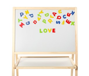 Photo of Word Love made of magnetic letters on board against white background. Learning alphabet