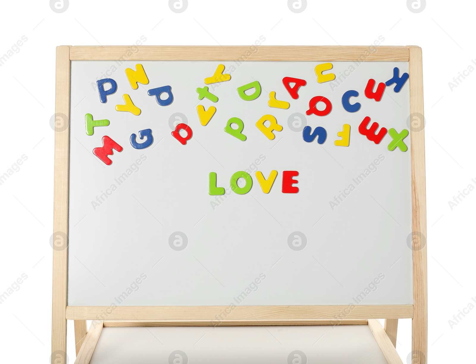 Photo of Word Love made of magnetic letters on board against white background. Learning alphabet