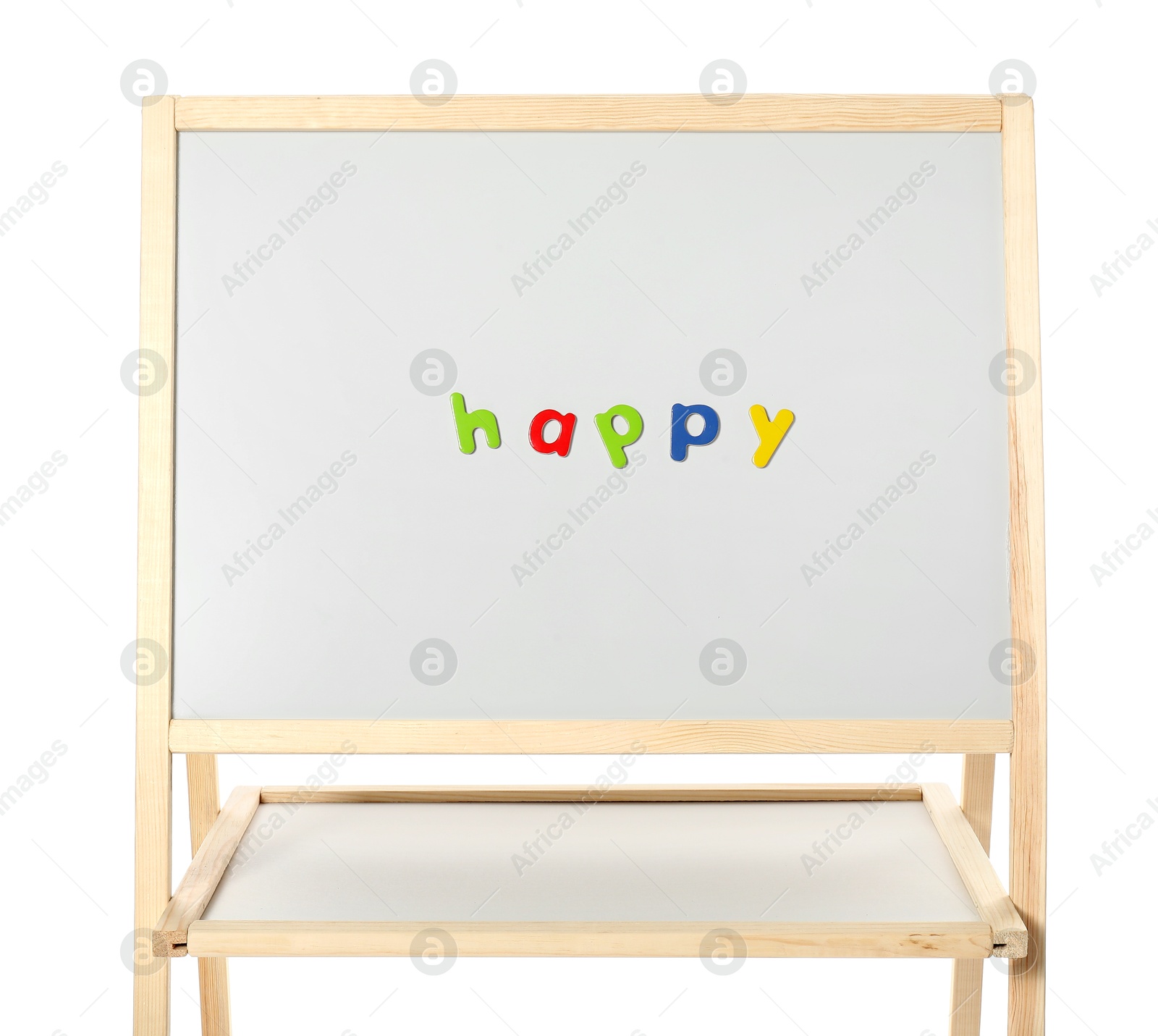 Photo of Word Happy made of magnetic letters on board against white background. Learning alphabet
