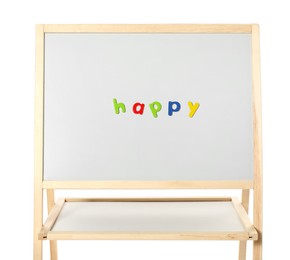 Photo of Word Happy made of magnetic letters on board against white background. Learning alphabet