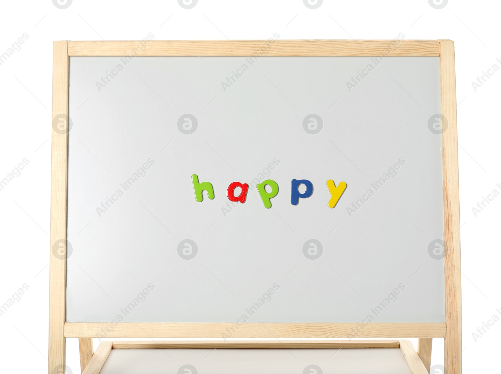 Photo of Word Happy made of magnetic letters on board against white background. Learning alphabet