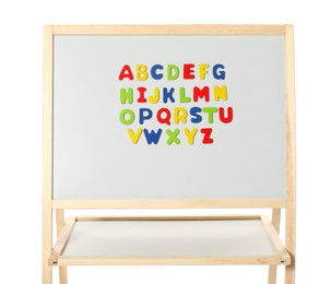 Alphabetical order. Magnetic letters on board against white background