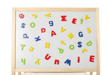 Learning alphabet. Magnetic letters on board against white background