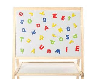 Learning alphabet. Magnetic letters on board against white background