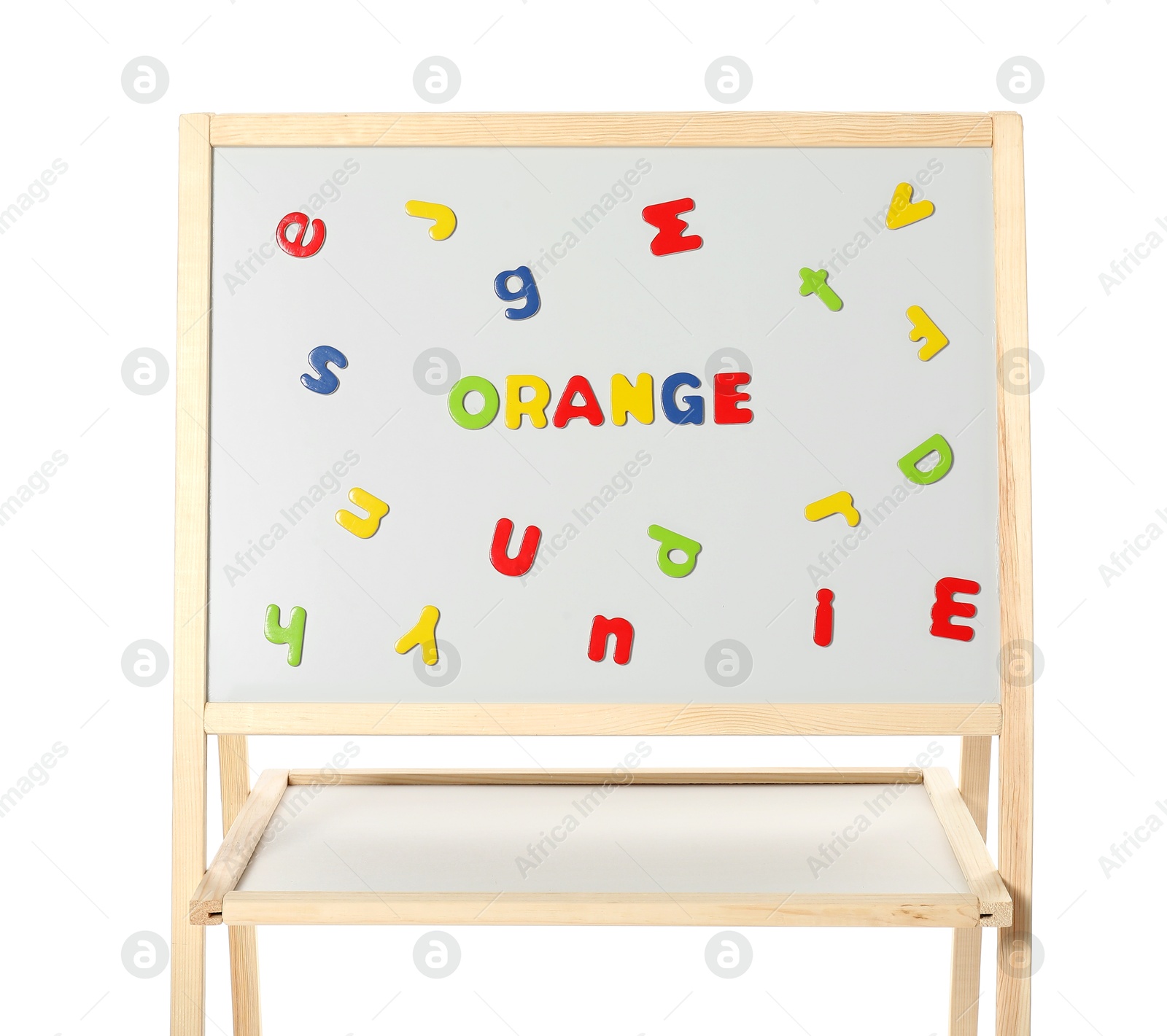 Photo of Word Orange made of magnetic letters on board against white background. Learning alphabet
