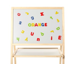 Word Orange made of magnetic letters on board against white background. Learning alphabet