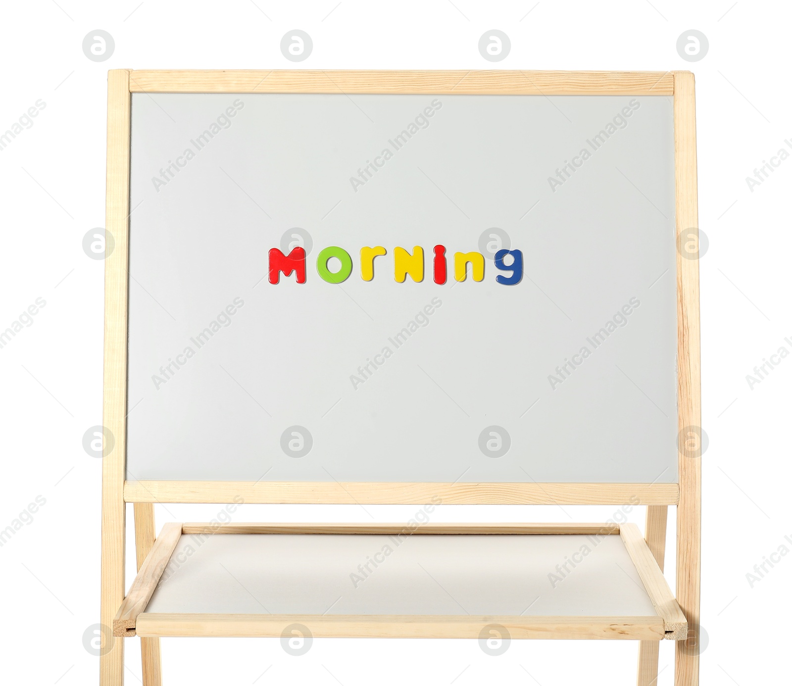 Photo of Word Morning made of magnetic letters on board against white background. Learning alphabet