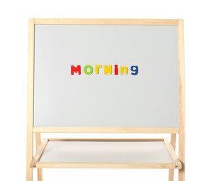 Photo of Word Morning made of magnetic letters on board against white background. Learning alphabet