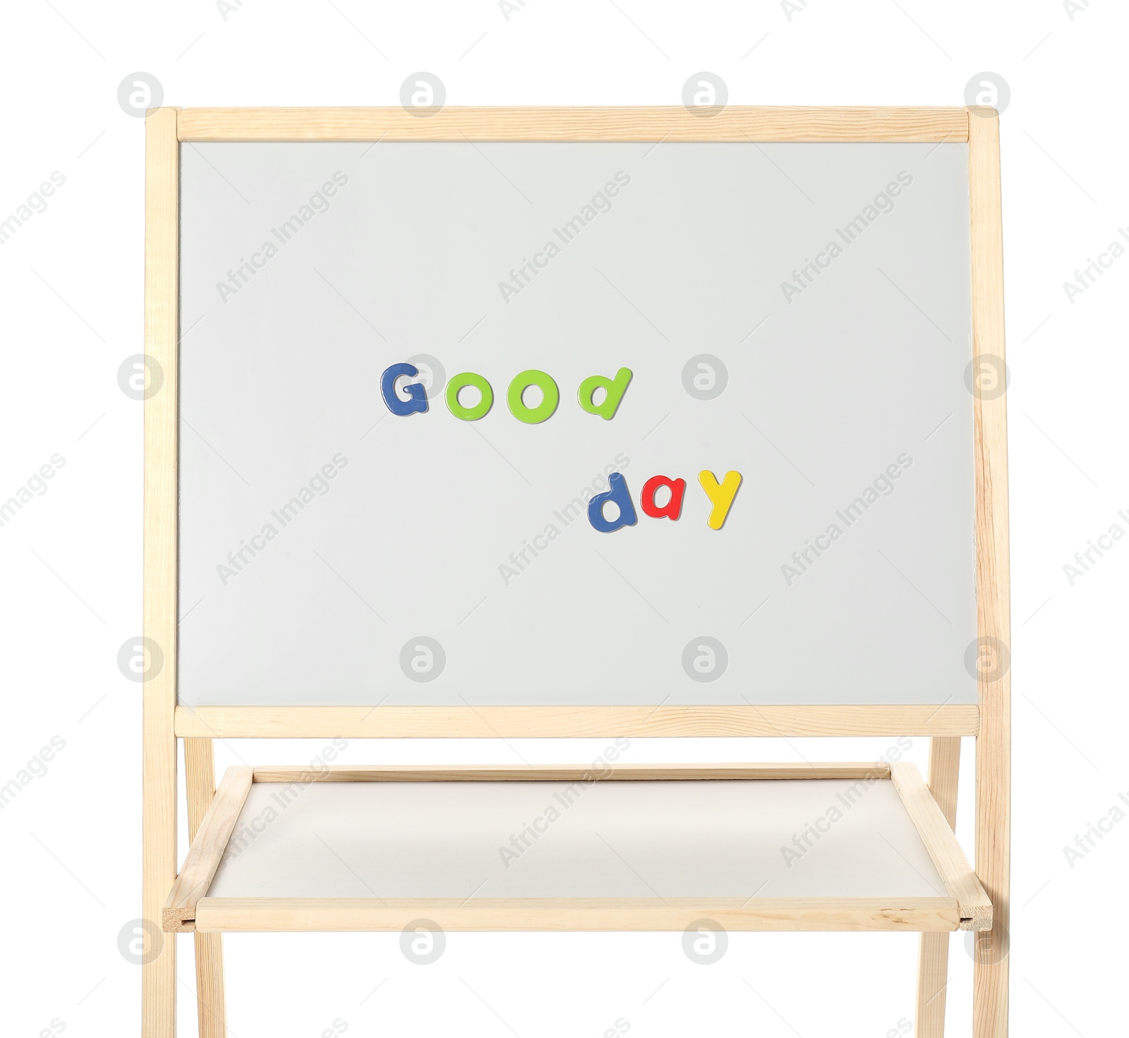 Photo of Words Good Day made of magnetic letters on board against white background. Learning alphabet