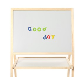 Words Good Day made of magnetic letters on board against white background. Learning alphabet