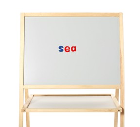 Photo of Word Sea made of magnetic letters on board against white background. Learning alphabet