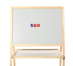 Word Sea made of magnetic letters on board against white background. Learning alphabet