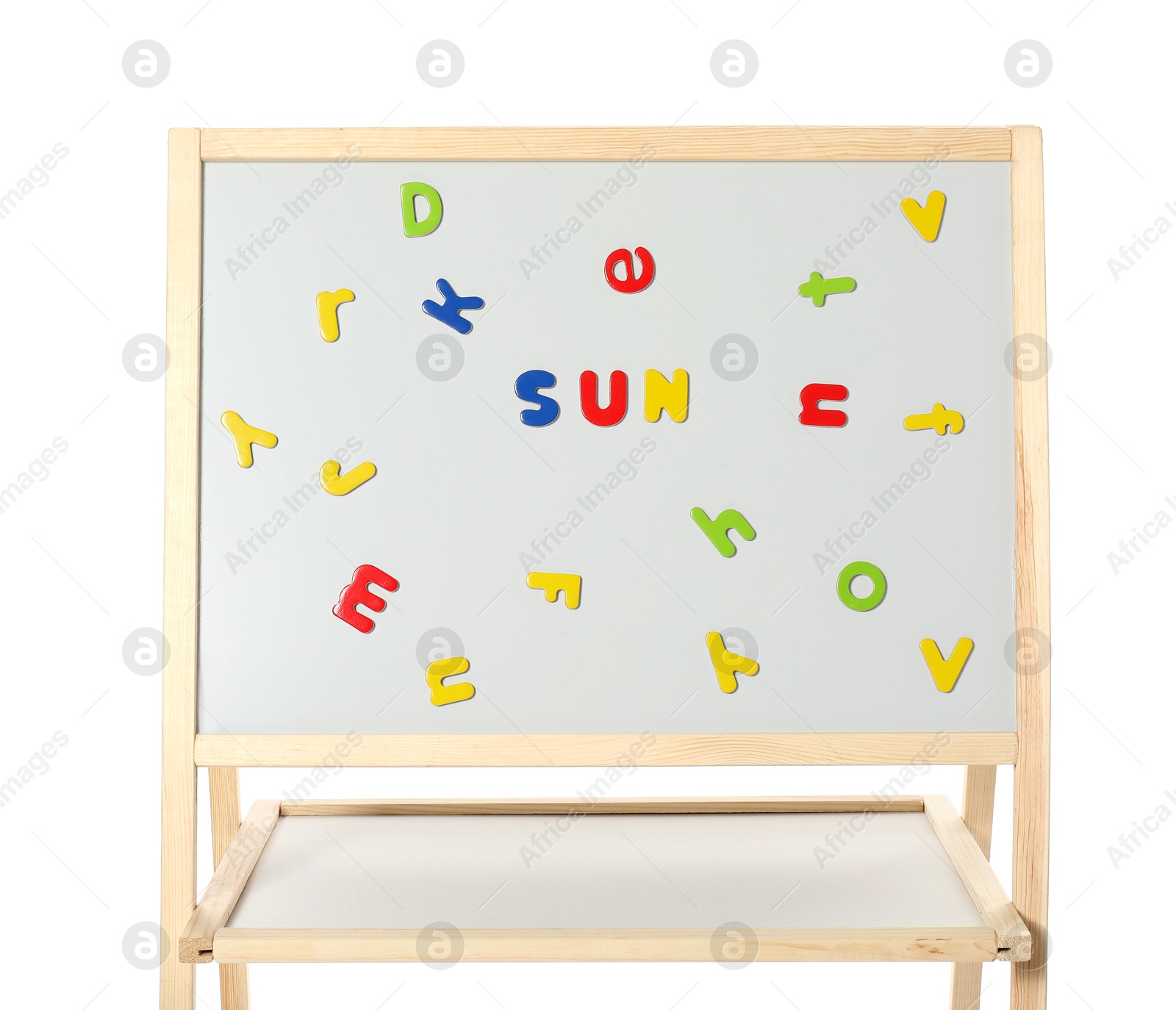 Photo of Word Sun made of magnetic letters on board against white background. Learning alphabet